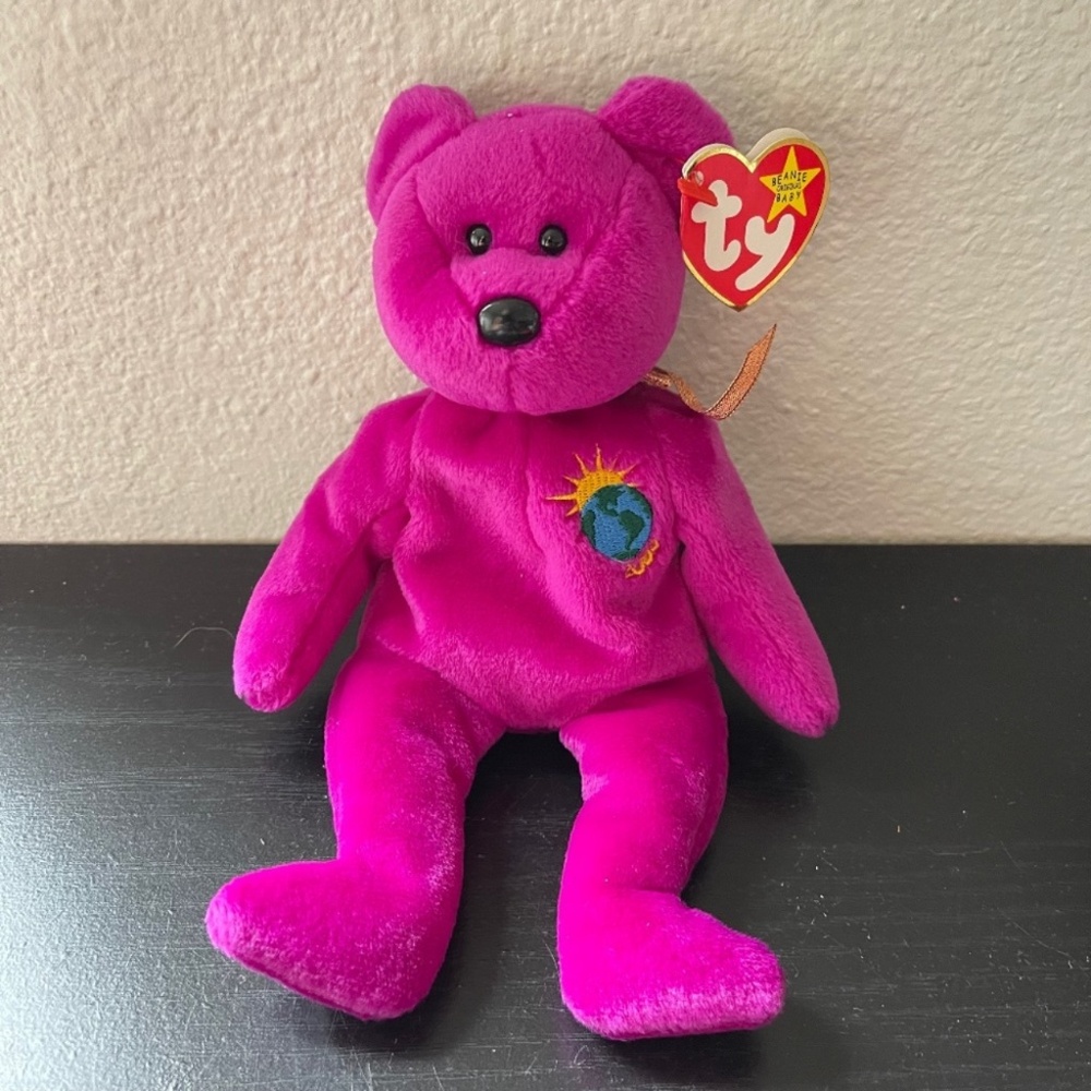 Ty Millennium Teddy Beanie Baby Purple Bear with World & Sun Embroidered